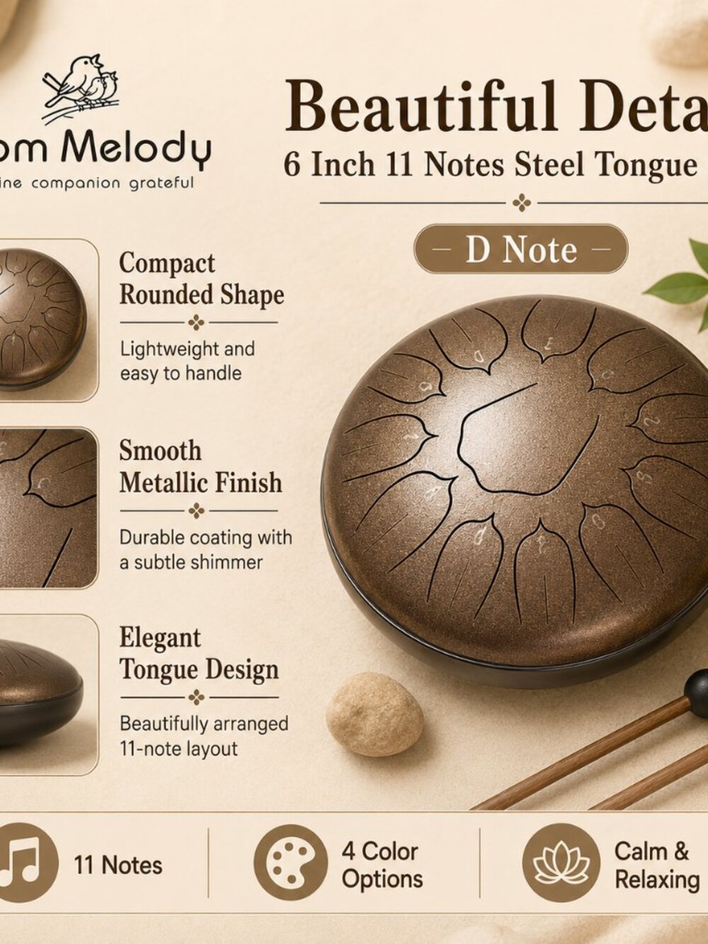 Gold Steel Tongue Drum 6" 11 Notes D Key | Meditation & Relaxing Sound Gift - Picture 5 of 11
